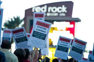 Hundreds of Las Vegas culinary workers gathered Thursday evening in front of Red Rock Resort & Casino to protest Station Casino's anti-unioness, Thursday March 22, 2012.